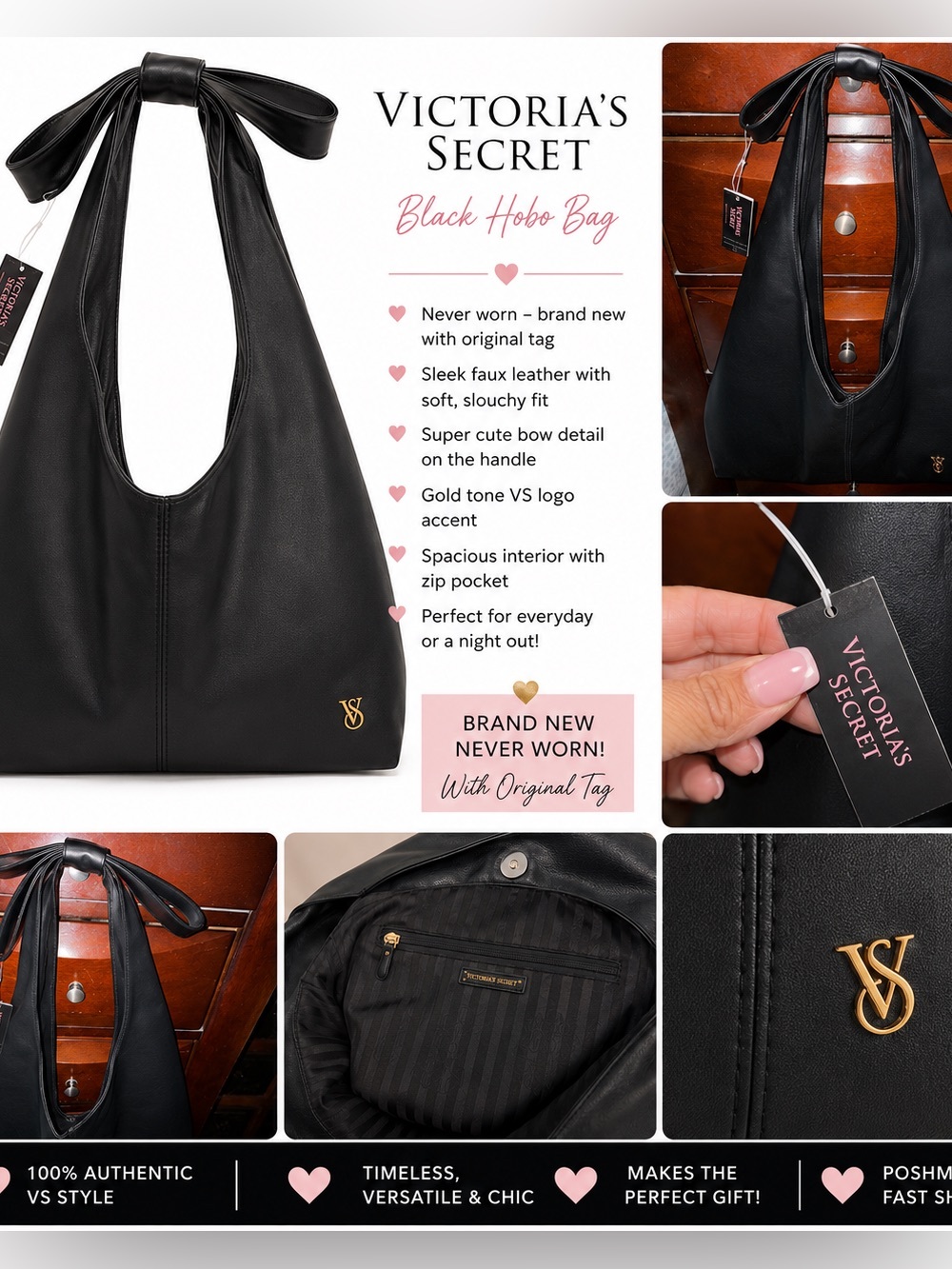 Victoria's Secret Black Faux Leather Hobo Bag with Gold VS Logo